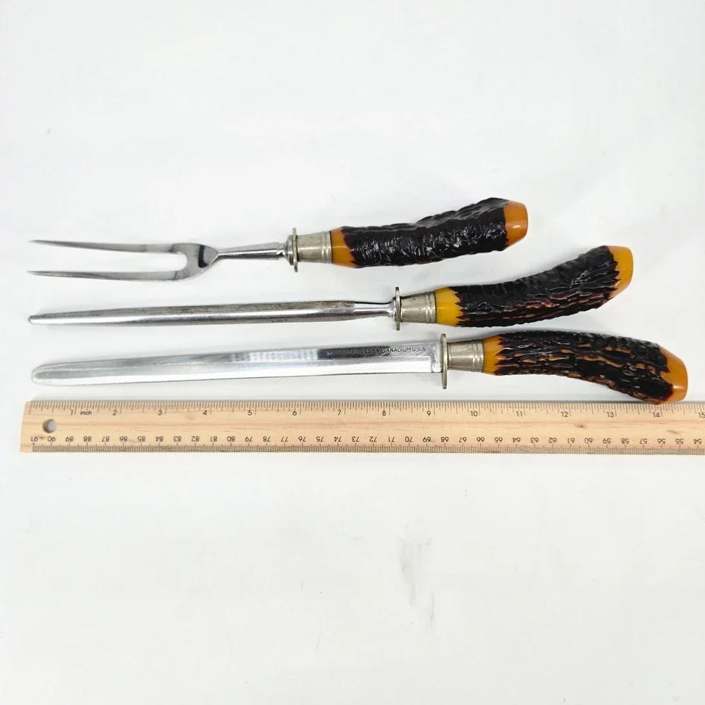 Vintage Flint Stainless Vanadium USA Carving Knife Set Faux Stag Horn Handle 3Pc